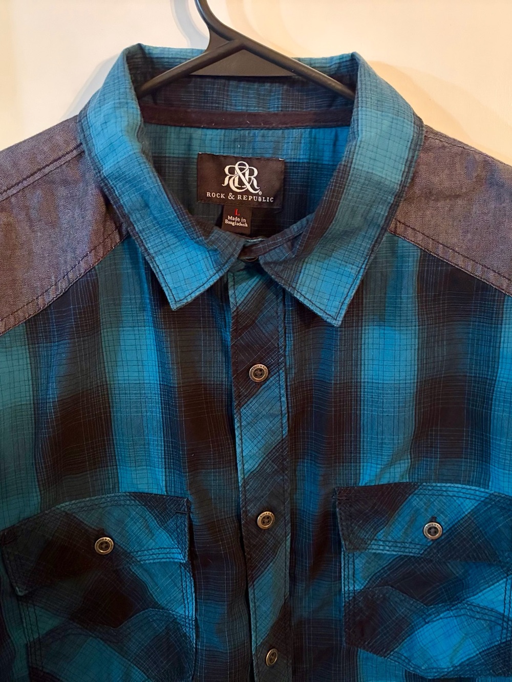 Rock & Republic Teal and Black Plaid Button-Down Shirt